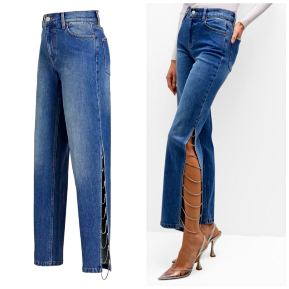 NWT$495 Alice and Olivia Gayle High Rise Crystal Embellish Side Slit Jeans Sz 29